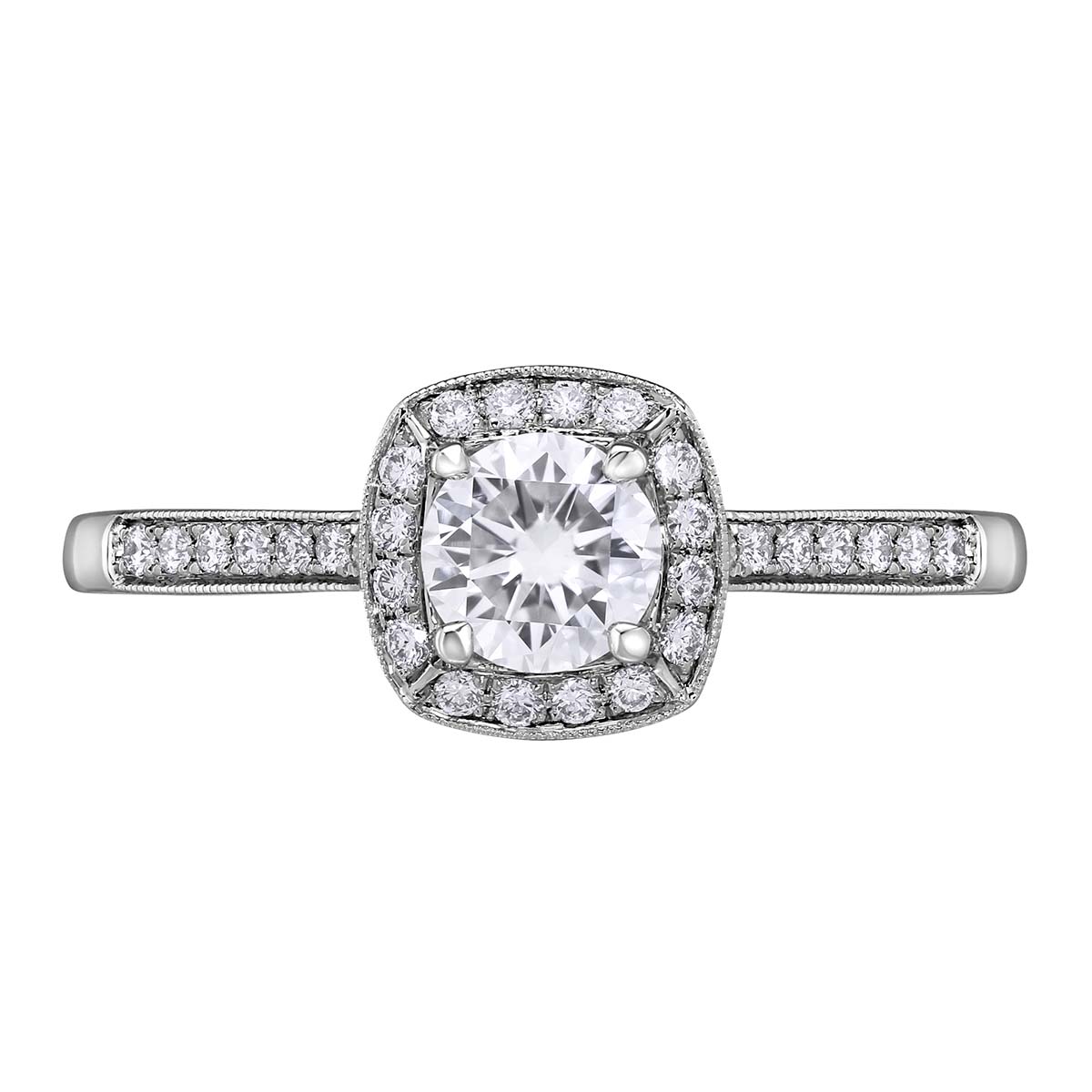 White Gold Diamond Engagement Ring with Milgrain Cushion Halo & Shank, 0.63 ct