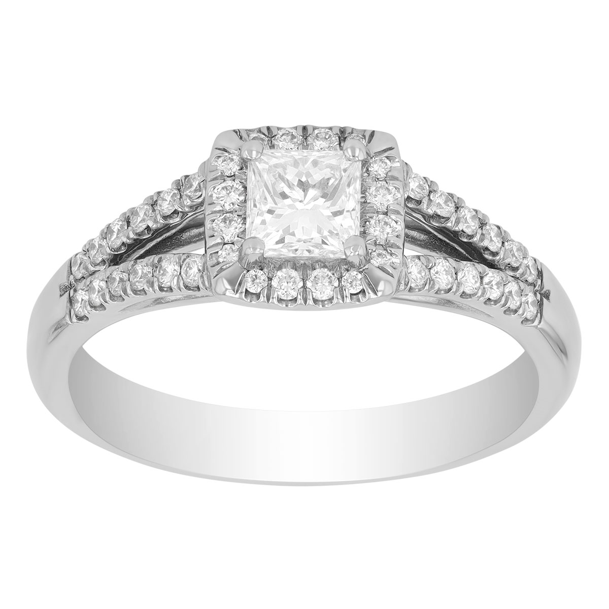 Princess Cut Diamond & Halo Split Band Engagement Ring in White Gold