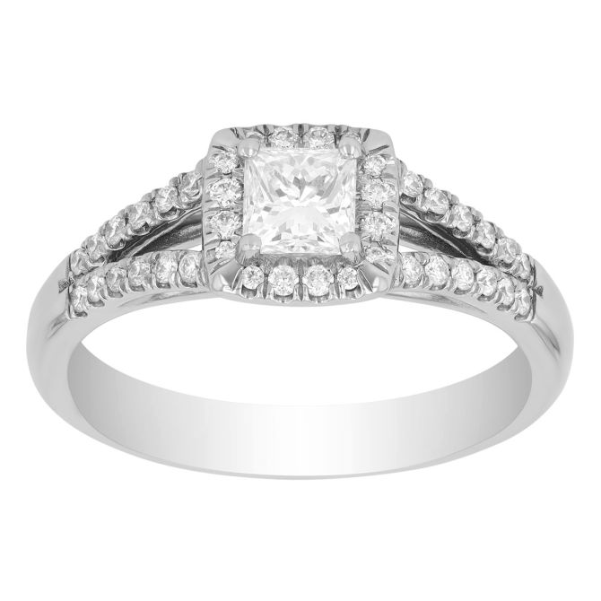 Princess Cut Diamond & Halo Split Band Engagement Ring in White Gold