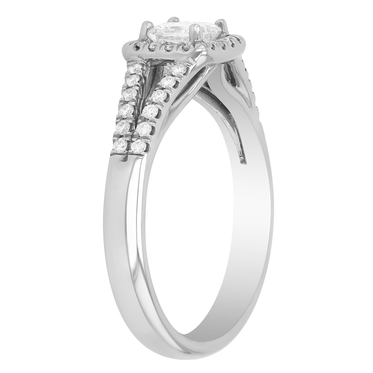 Princess Cut Diamond & Halo Split Band Engagement Ring in White Gold