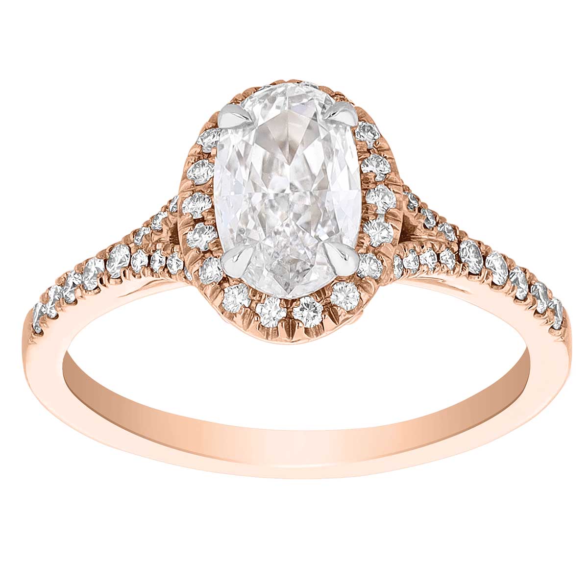 Oval Diamond Halo & Split Shank Engagement Ring in Rose Gold