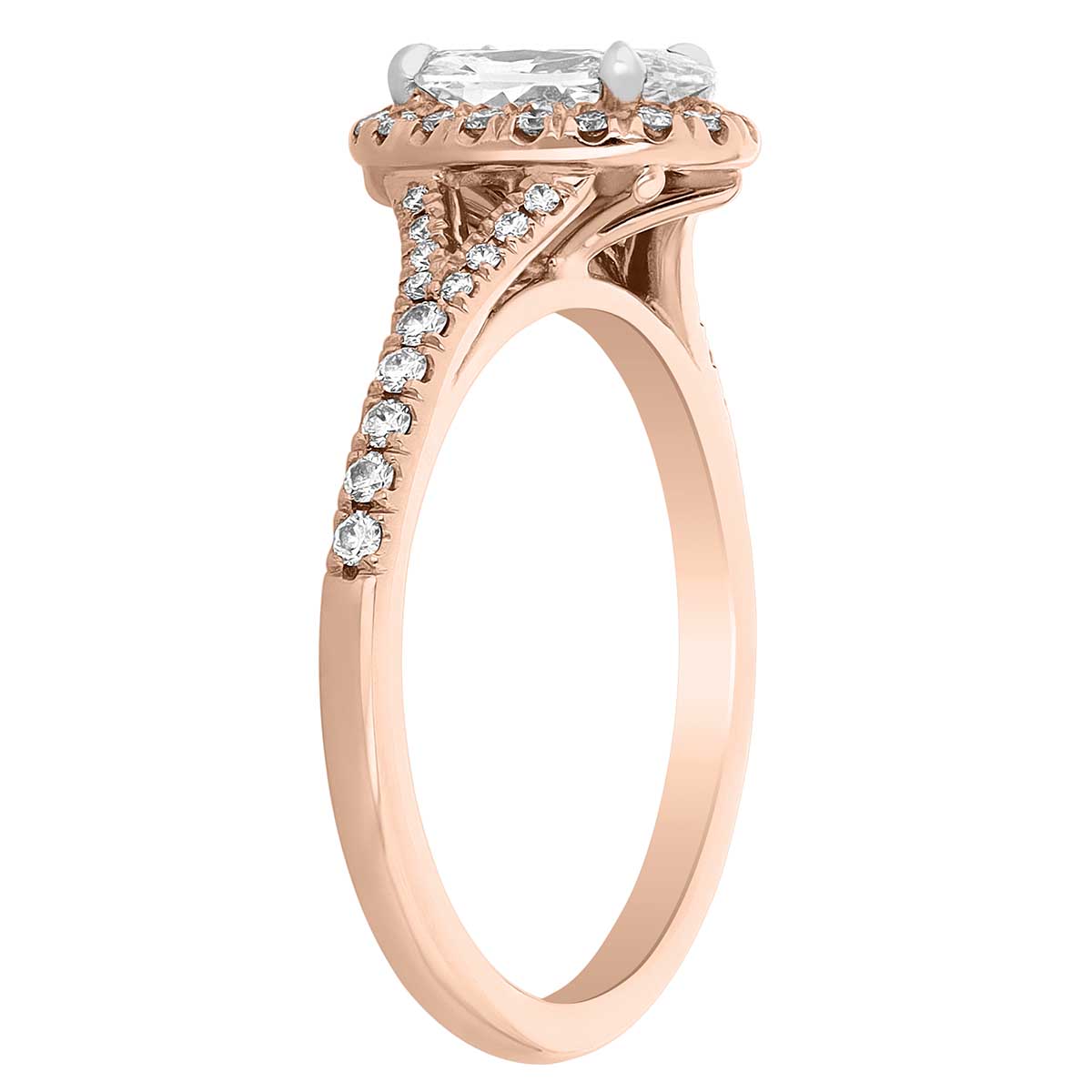 Oval Diamond Halo & Split Shank Engagement Ring in Rose Gold