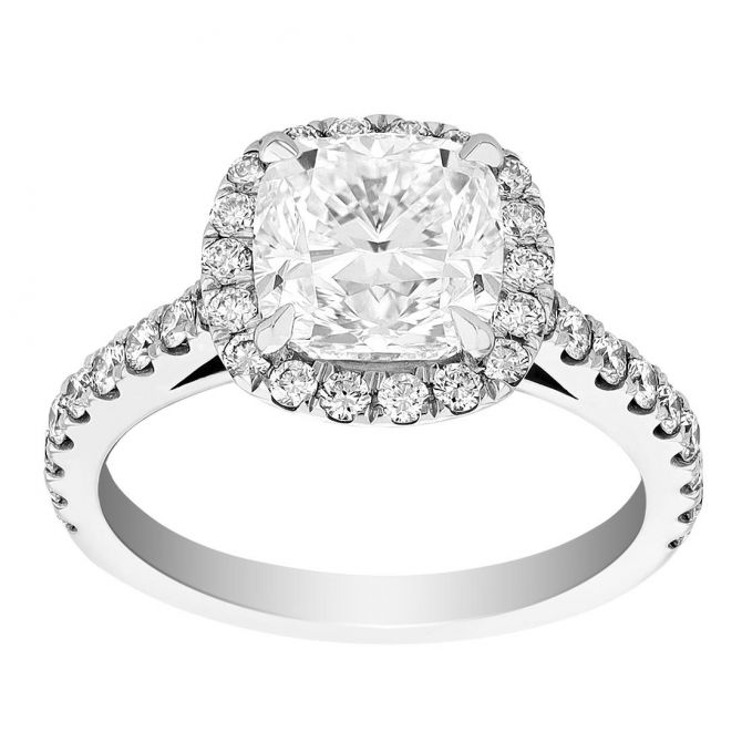 Cushion Diamond Halo Engagement Ring in White Gold, 2.60 ct