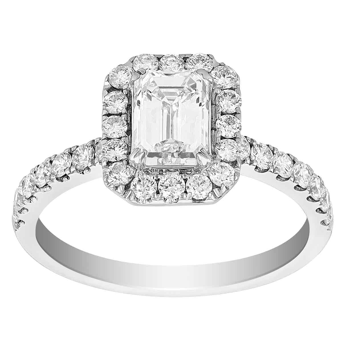 Emerald Cut Diamond Halo Engagement Ring in White Gold