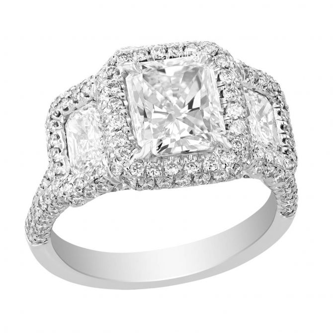 J.B. Star Radiant Diamond 3 Stone Halo Engagement Ring in Platinum