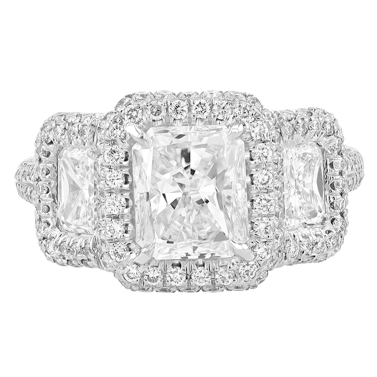 J.B. Star Radiant Diamond 3 Stone Halo Engagement Ring in Platinum