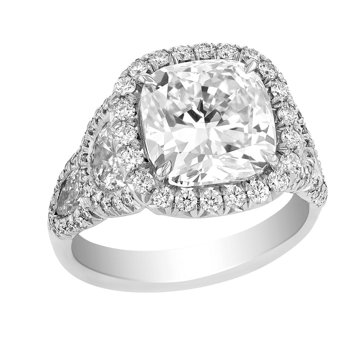 J.B. Star Cushion Diamond Halo Engagement Ring with Half Moon & Shield Side Stones in Platinum