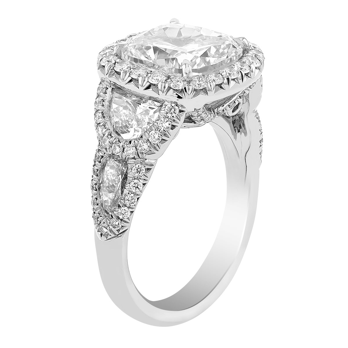 J.B. Star Cushion Diamond Halo Engagement Ring with Half Moon & Shield Side Stones in Platinum