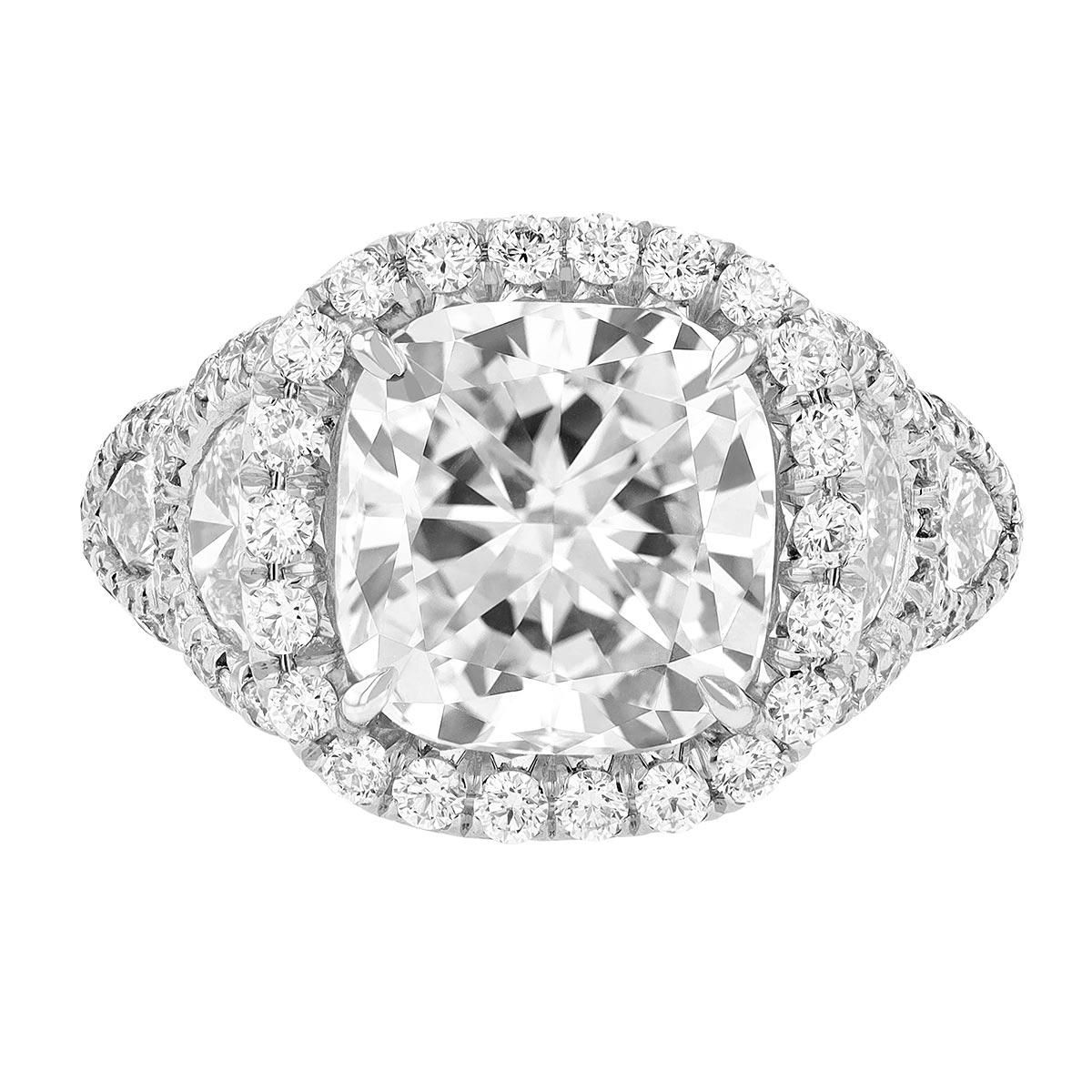 J.B. Star Cushion Diamond Halo Engagement Ring with Half Moon & Shield Side Stones in Platinum