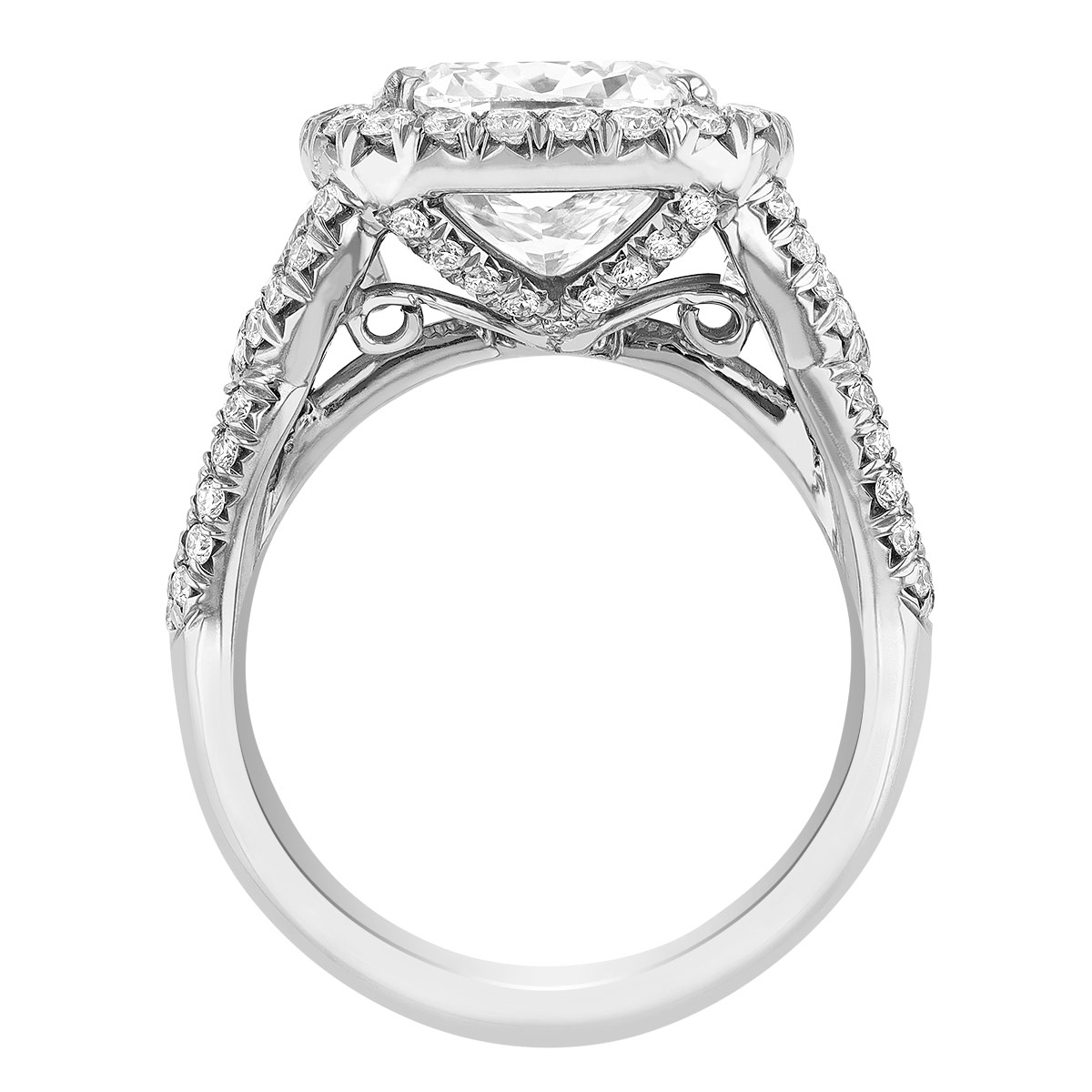 J.B. Star Cushion Diamond Halo Engagement Ring with Half Moon & Shield Side Stones in Platinum
