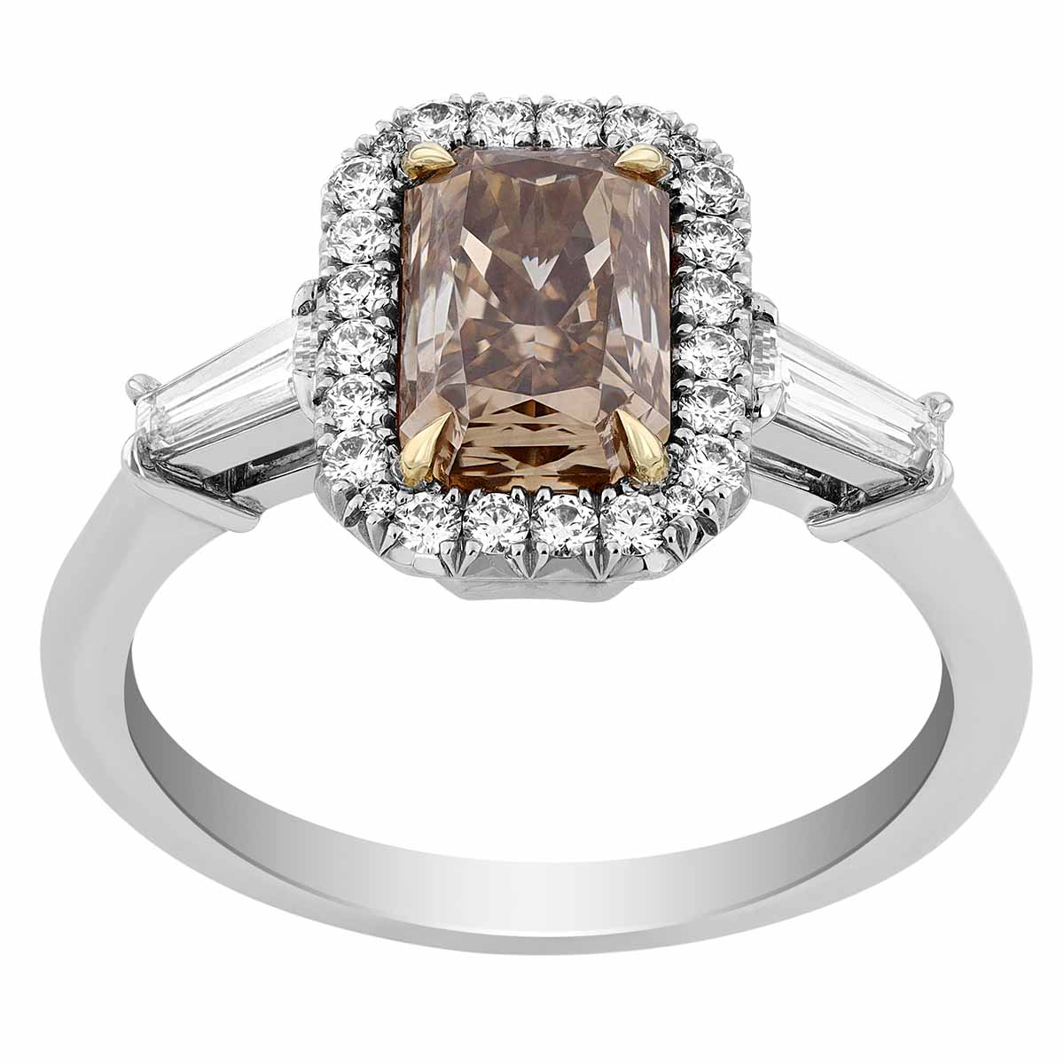 Radiant Fancy Brown Diamond Halo Engagement Ring with Baguettes in Platinum