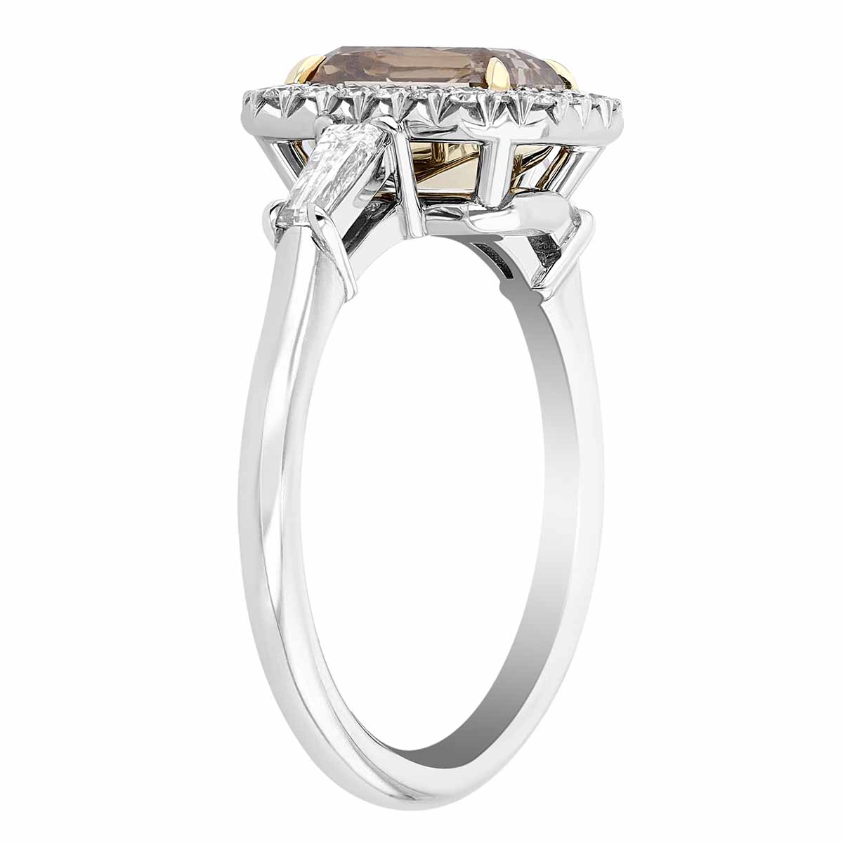 Radiant Fancy Brown Diamond Halo Engagement Ring with Baguettes in Platinum