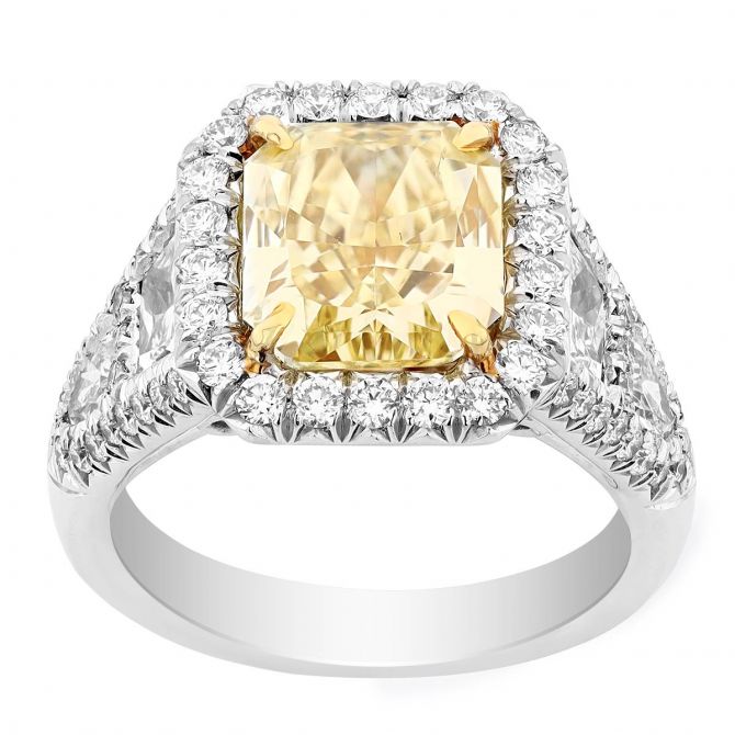 J.B. Star Radiant Fancy Yellow Diamond Ring with Halo & Side Stones in Platinum