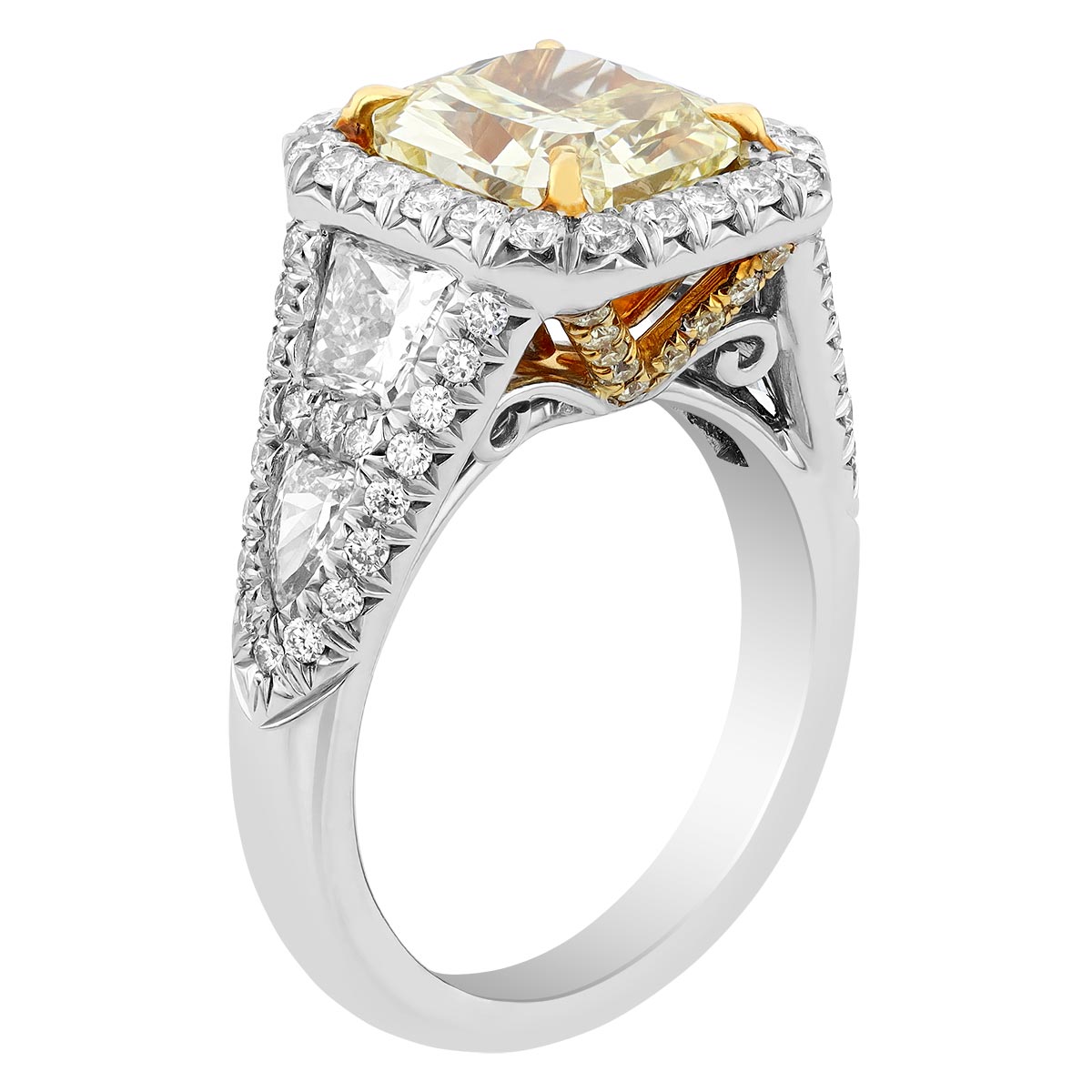 J.B. Star Radiant Fancy Yellow Diamond Ring with Halo & Side Stones in Platinum