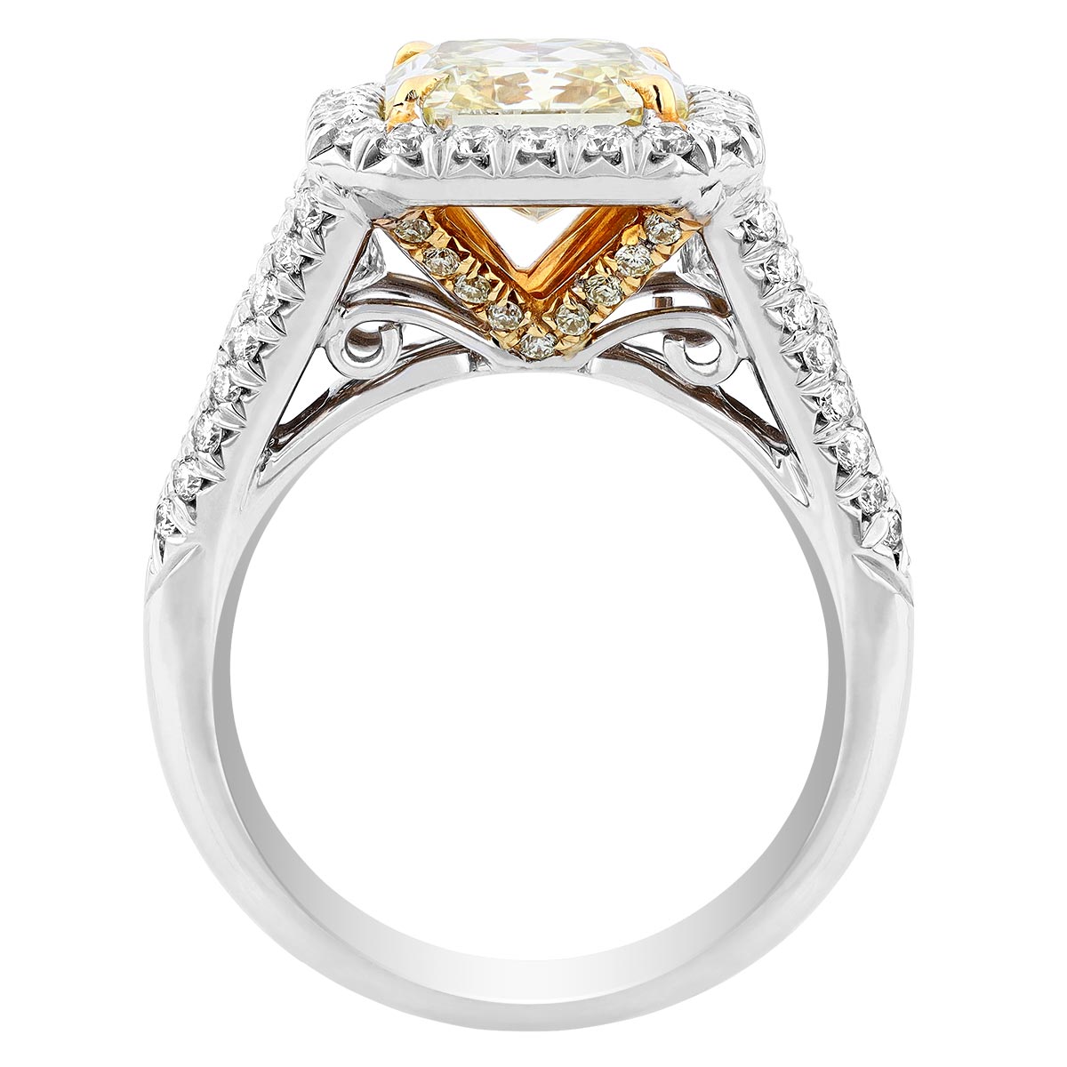 J.B. Star Radiant Fancy Yellow Diamond Ring with Halo & Side Stones in Platinum