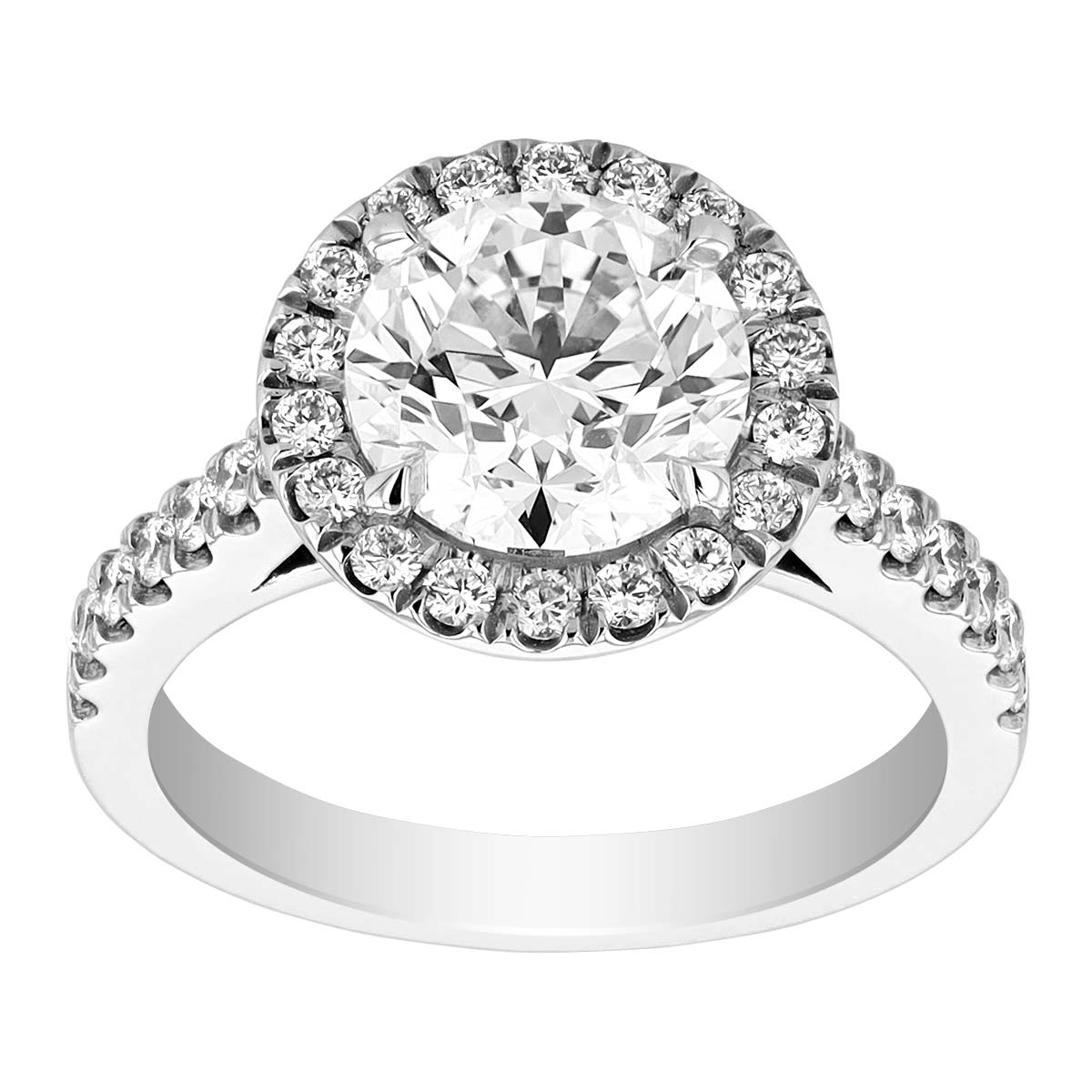 Round Diamond Halo Engagement Ring with Side Stones in White Gold
