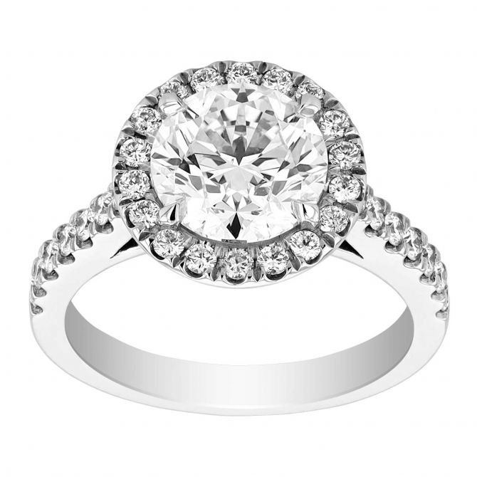 Round Diamond Halo Engagement Ring with Side Stones in White Gold