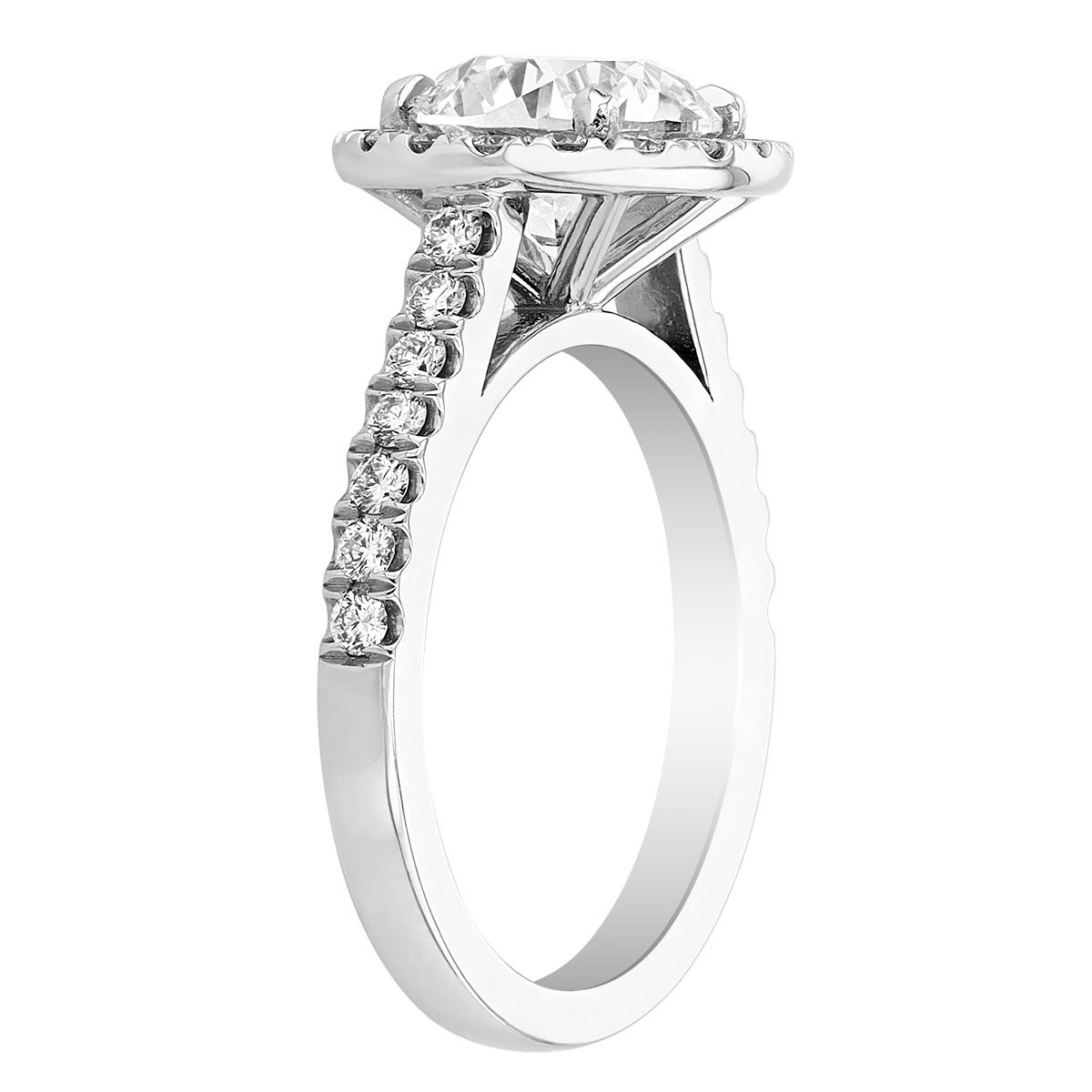Round Diamond Halo Engagement Ring with Side Stones in White Gold