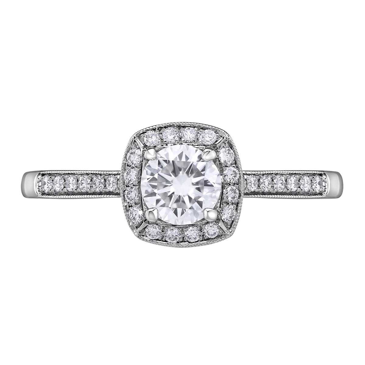 14K White Gold Diamond Ring with Milgrain Cushion Halo & Shank