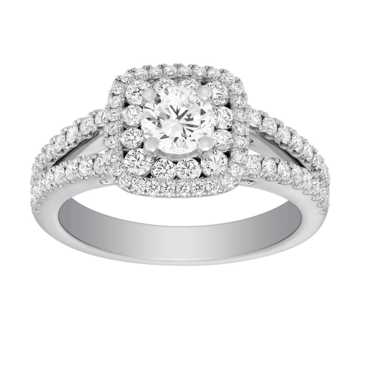 Diamond Engagement Ring with Double Cushion Halo & Split Shank in White Gold