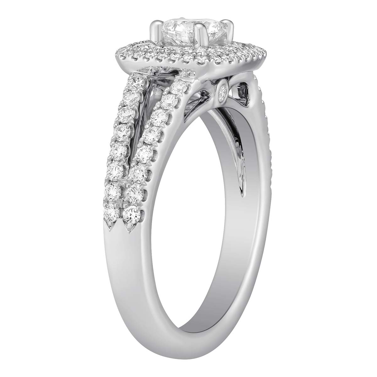 Diamond Engagement Ring with Double Cushion Halo & Split Shank in White Gold