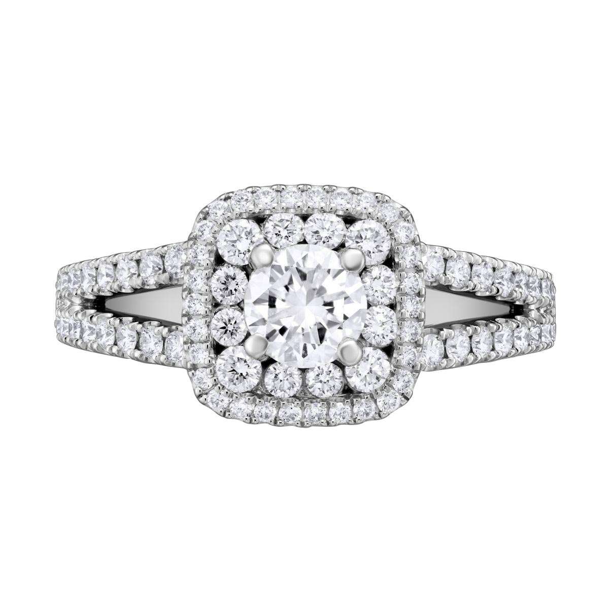 Diamond Engagement Ring with Double Cushion Halo & Split Shank in White Gold