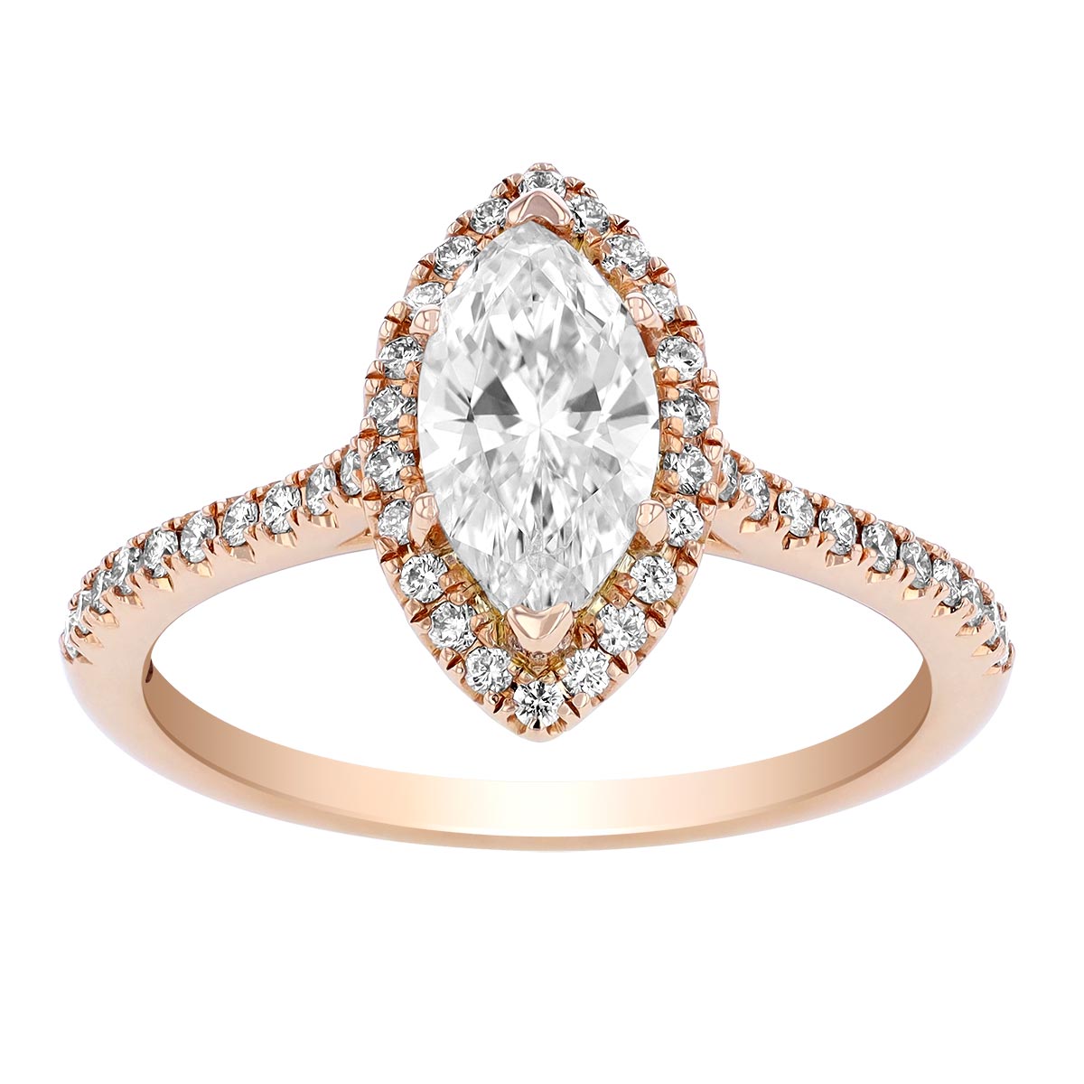 Marquise Diamond Halo Engagement Ring with Side Stones in Rose Gold