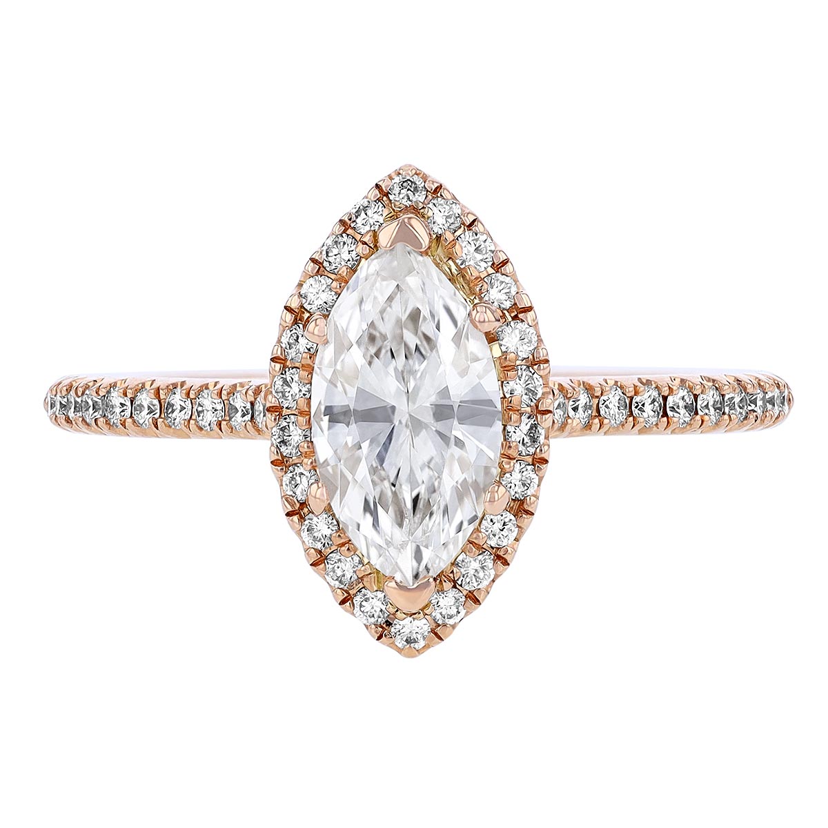 Marquise Diamond Halo Engagement Ring with Side Stones in Rose Gold