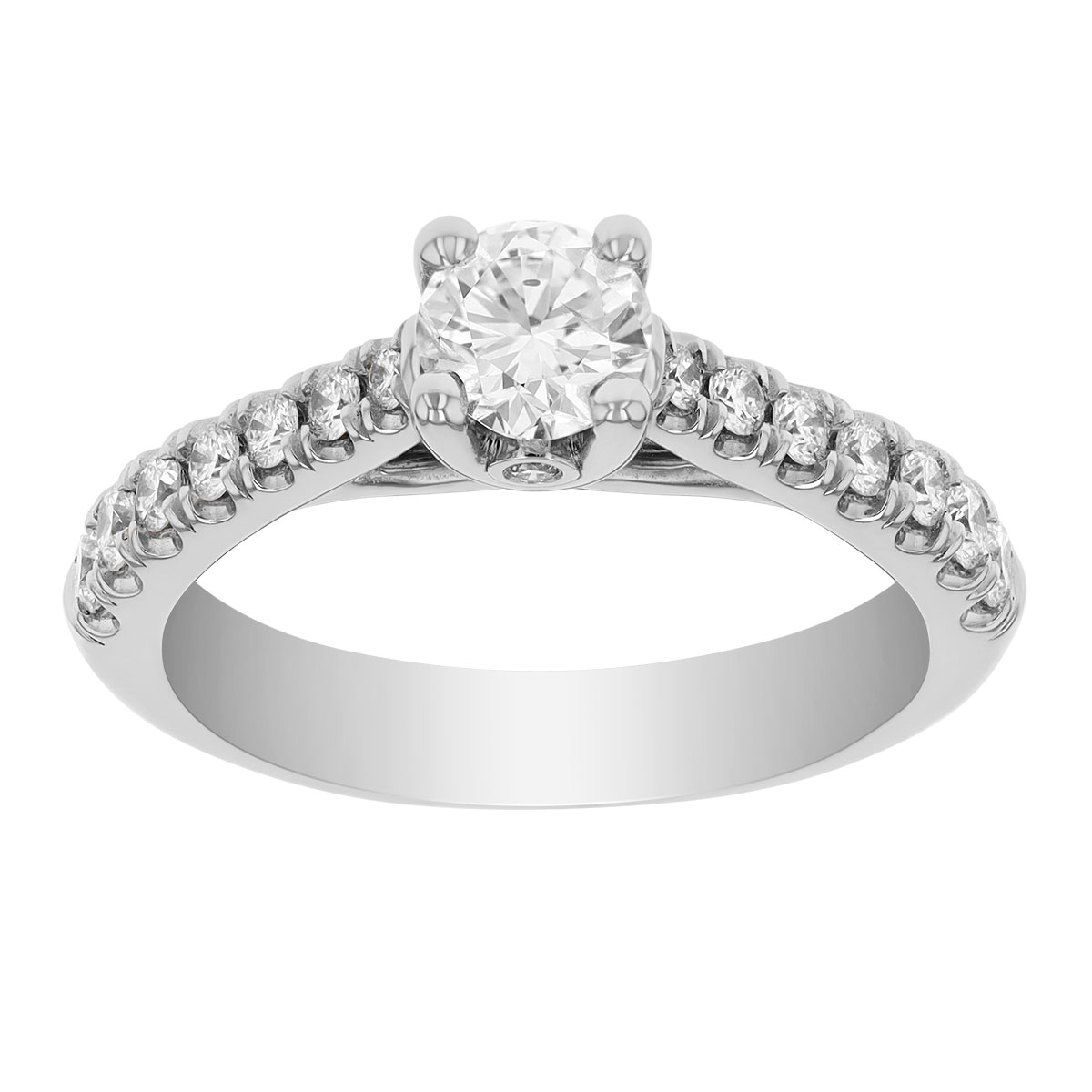 Round Diamond & Side Stone Engagement Ring in White Gold, 0.90 cttw