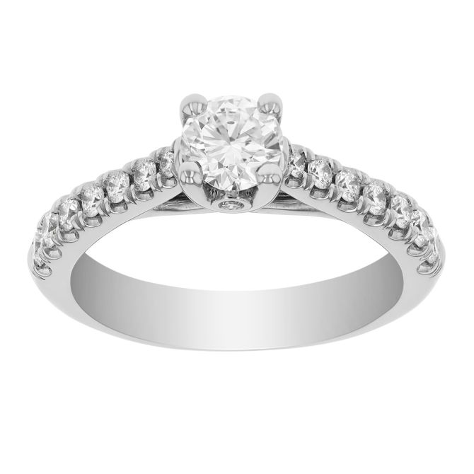 Round Diamond & Side Stone Engagement Ring in White Gold, 0.90 cttw