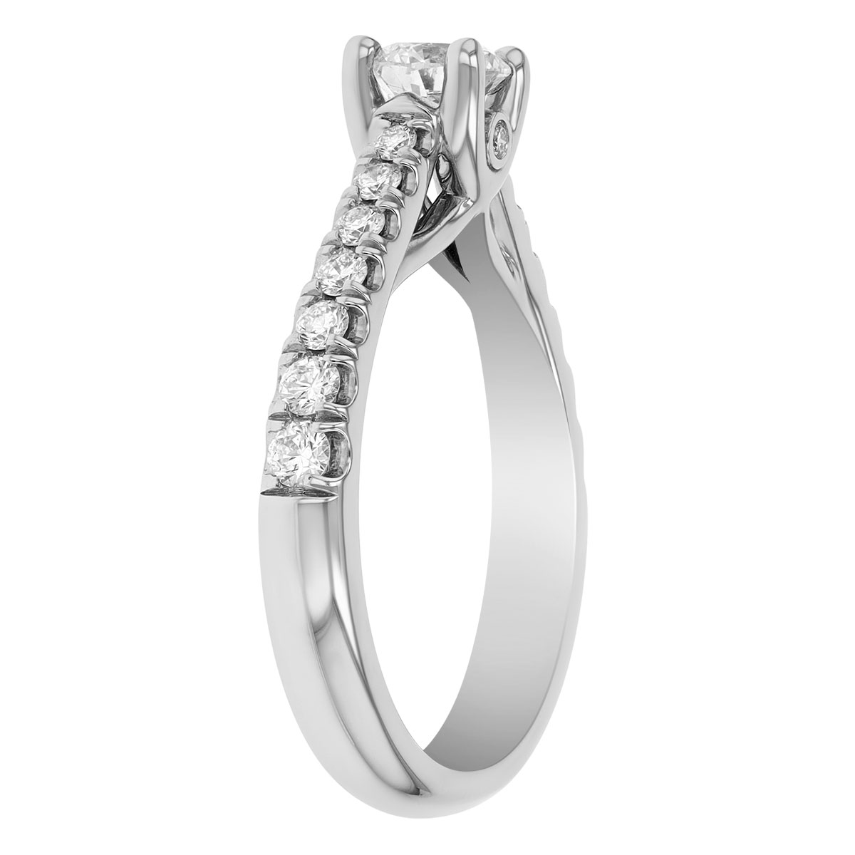 Round Diamond & Side Stone Engagement Ring in White Gold, 0.90 cttw