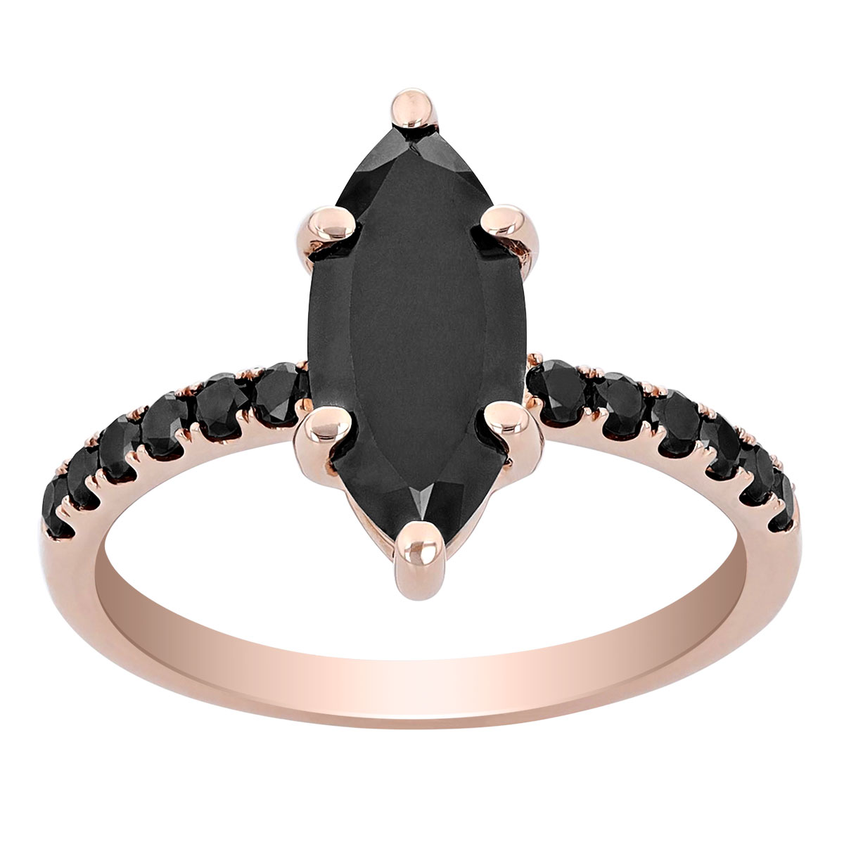 Marquise Black Diamond Engagement Ring with Side Stones in Rose Gold