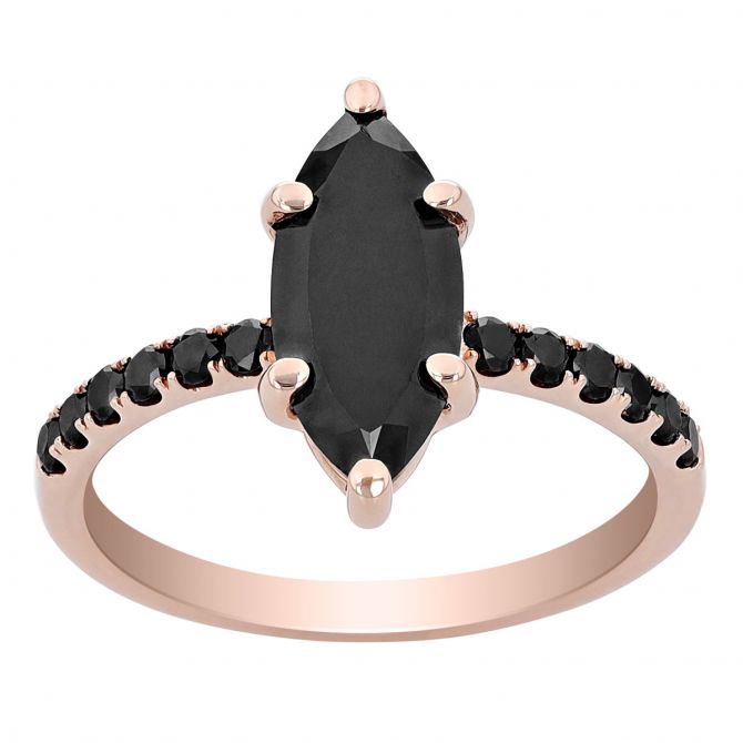 Marquise Black Diamond Engagement Ring with Side Stones in Rose Gold