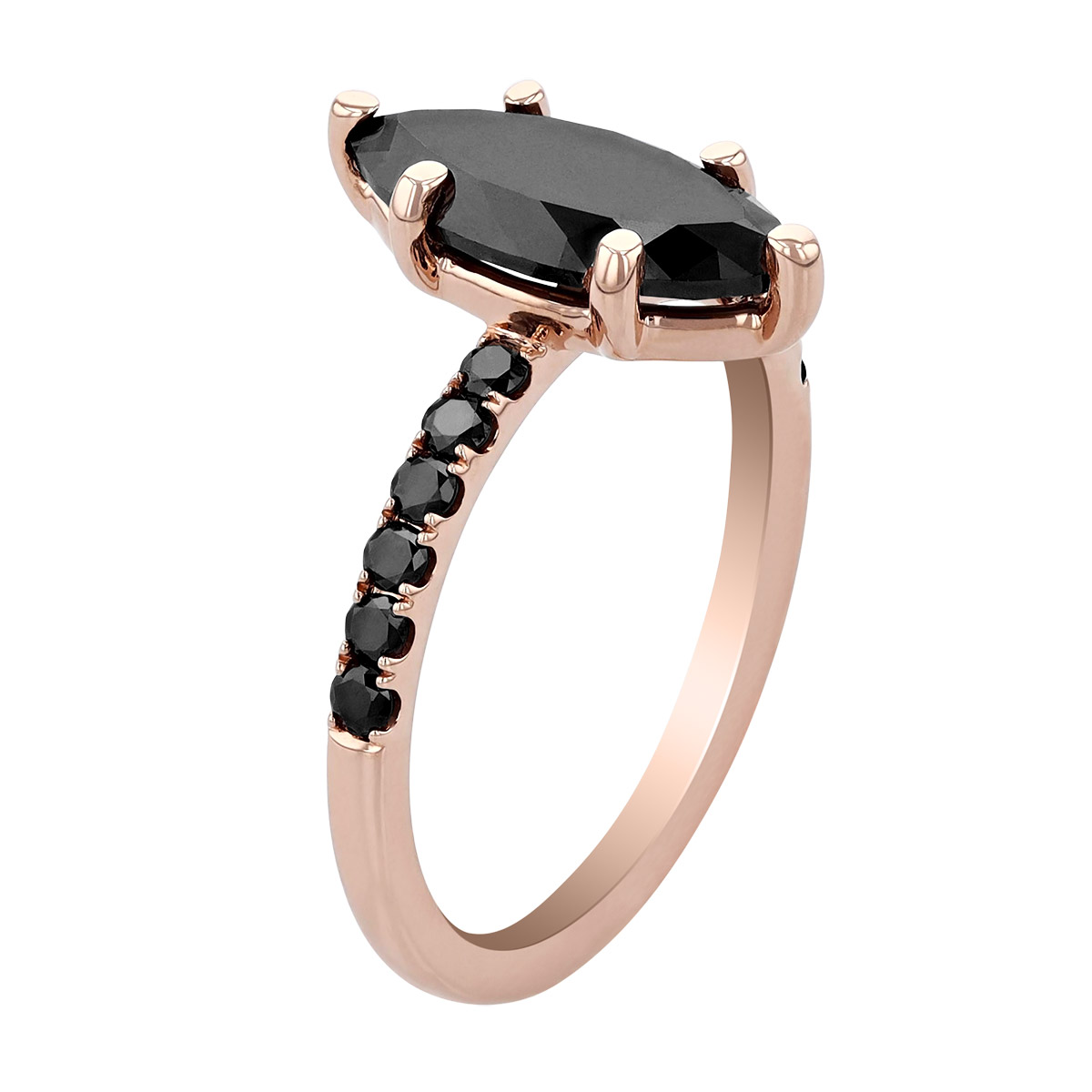 Marquise Black Diamond Engagement Ring with Side Stones in Rose Gold