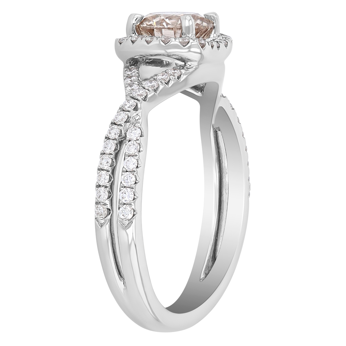 Brown Diamond Engagement Ring with Halo & Criss Cross Shank in 14K White Gold