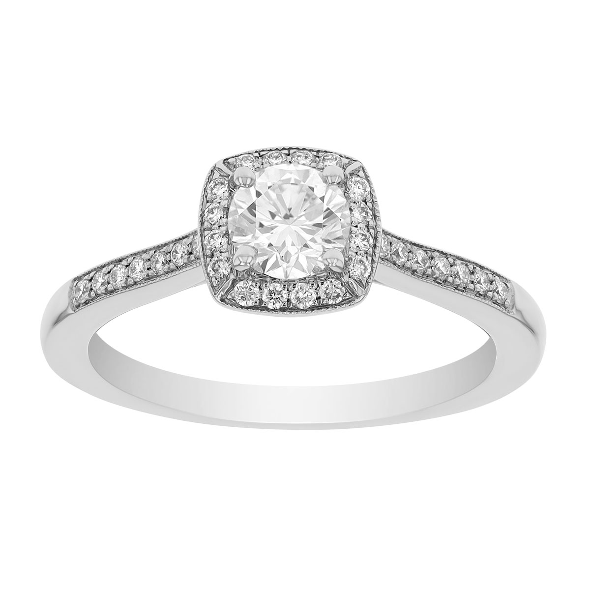 Round Diamond & Square Halo Engagement Ring with Side Stones in White Gold