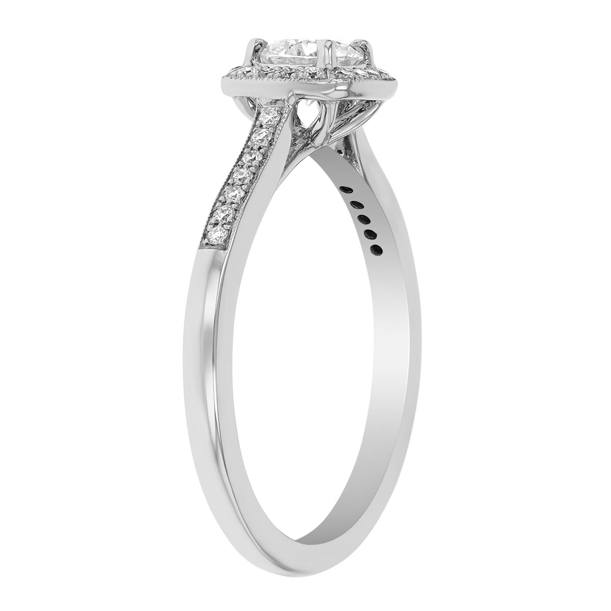 Round Diamond & Square Halo Engagement Ring with Side Stones in White Gold