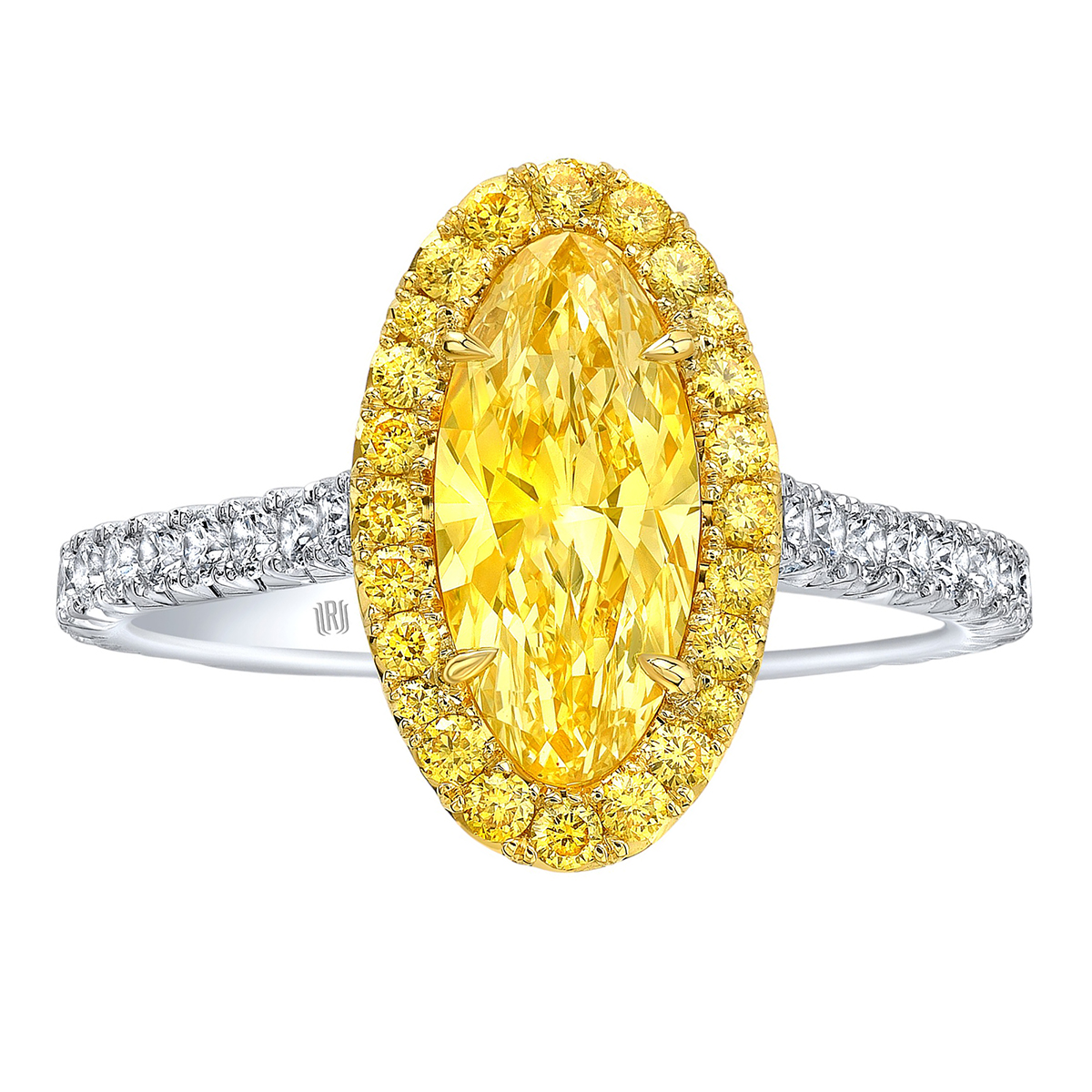 Rahaminov Oval Fancy Yellow Diamond & Halo Engagement Ring in Yellow Gold & Platinum, 2.71 cttw