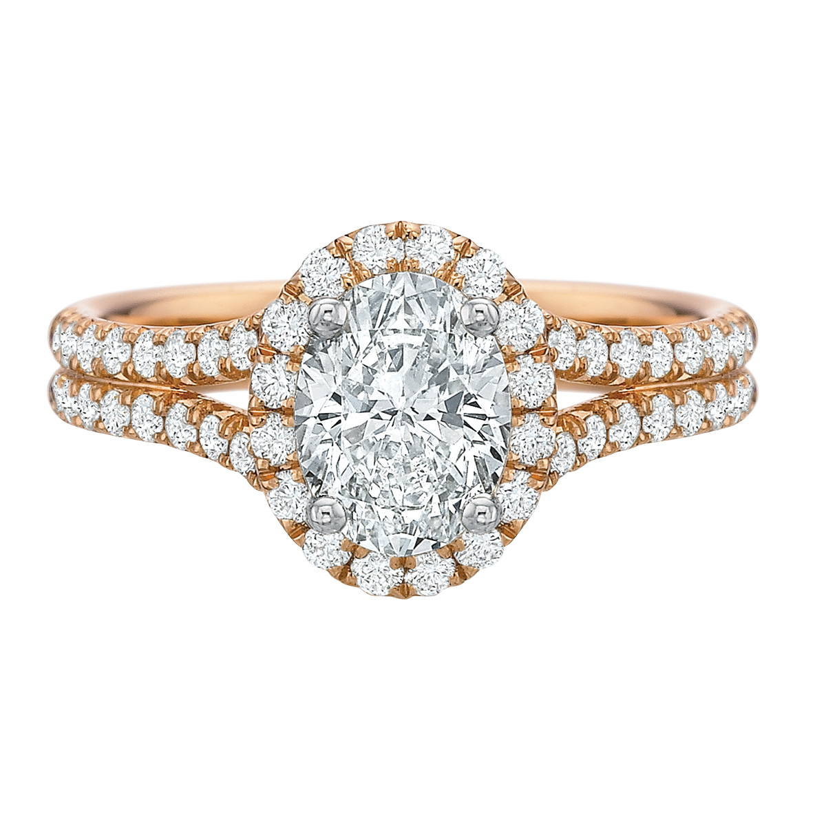 Oval Diamond Engagement Ring with Halo & Split Shank in Rose Gold, .81 ct