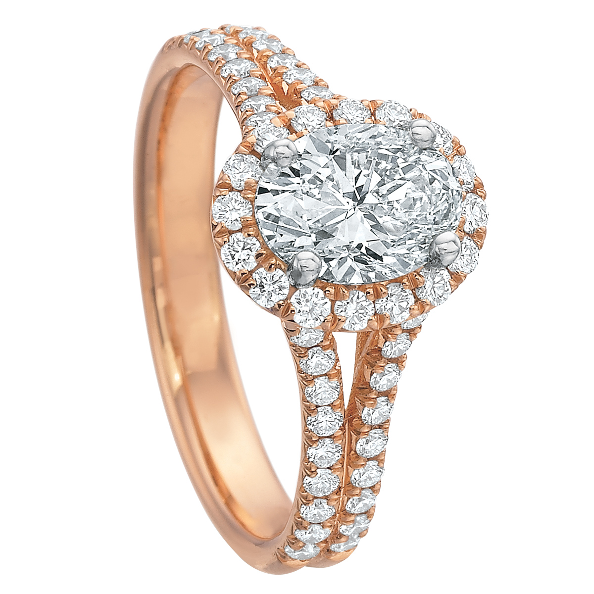 Oval Diamond Engagement Ring with Halo & Split Shank in Rose Gold, .81 ct