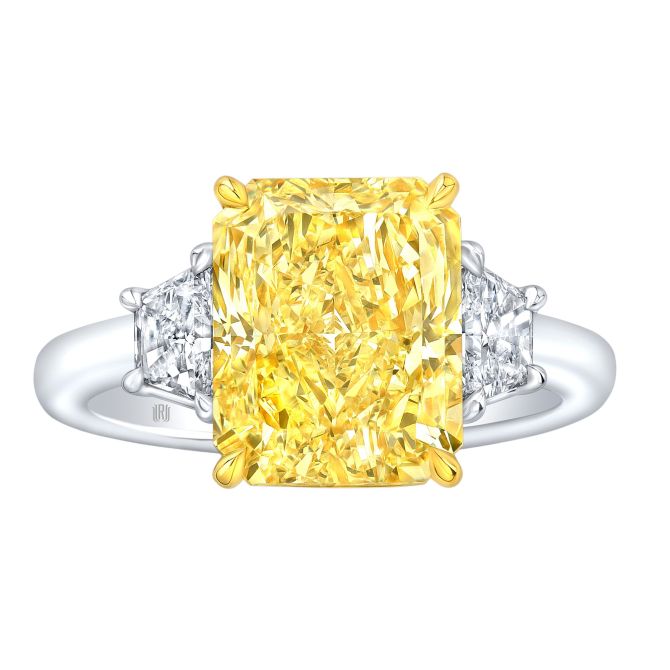 Rahaminov Radiant Fancy Yellow & Trapezoid Diamond Engagement Ring in Yellow Gold & Platinum