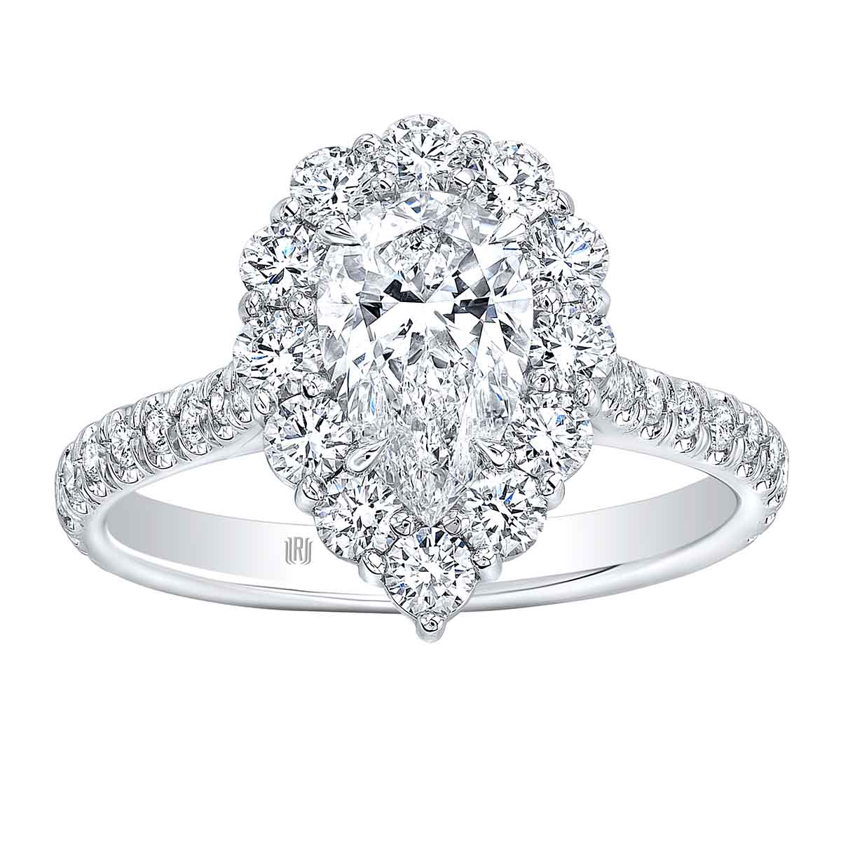 Rahaminov Pear Shaped Diamond Halo Engagement Ring in White Gold, .72 ct Center