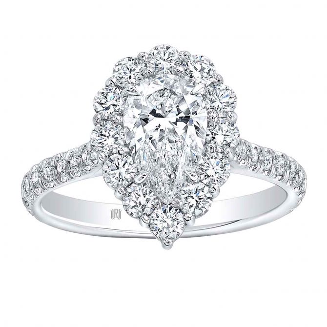Rahaminov Pear Shaped Diamond Halo Engagement Ring in White Gold, .72 ct Center
