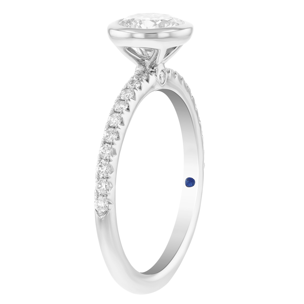 Round Bezel Set Diamond & Side Stone Engagement Ring in White Gold