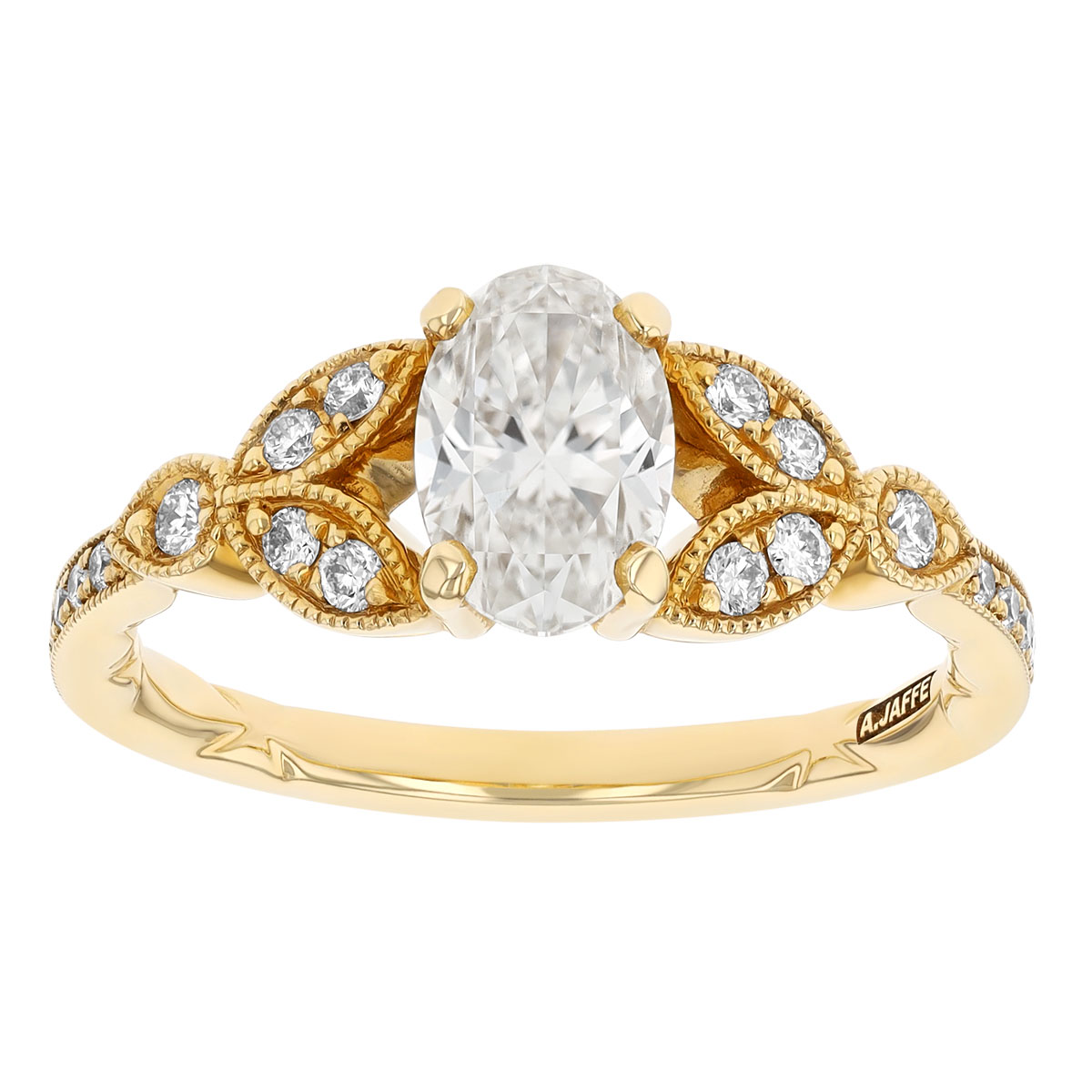 Oval Diamond Leaf Milgrain Engagement Ring in 14K Yellow Gold