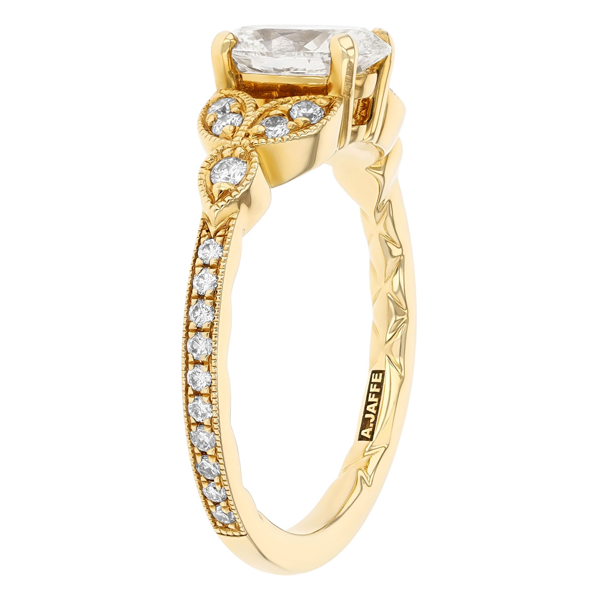 Oval Diamond Leaf Milgrain Engagement Ring in 14K Yellow Gold