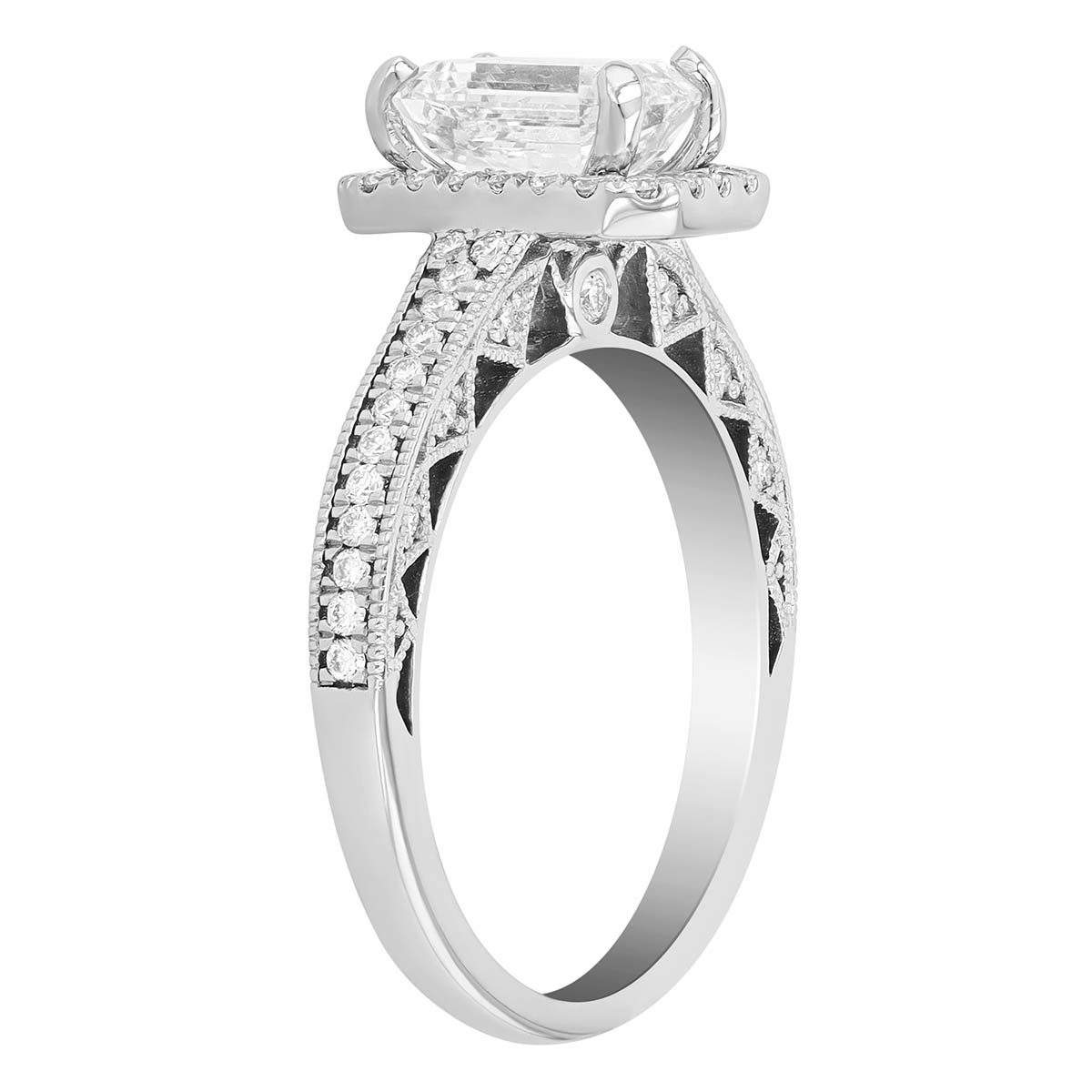 Emerald Cut Diamond Engagement Ring with Halo &  Zig Zag Shank in 14K White Gold