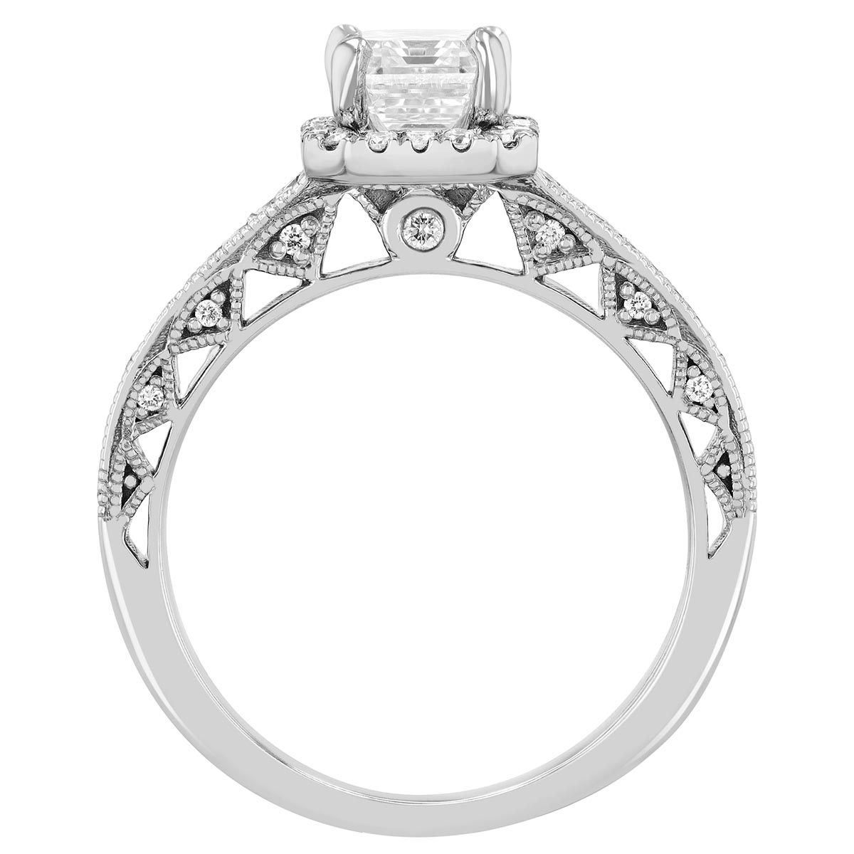 Emerald Cut Diamond Engagement Ring with Halo &  Zig Zag Shank in 14K White Gold