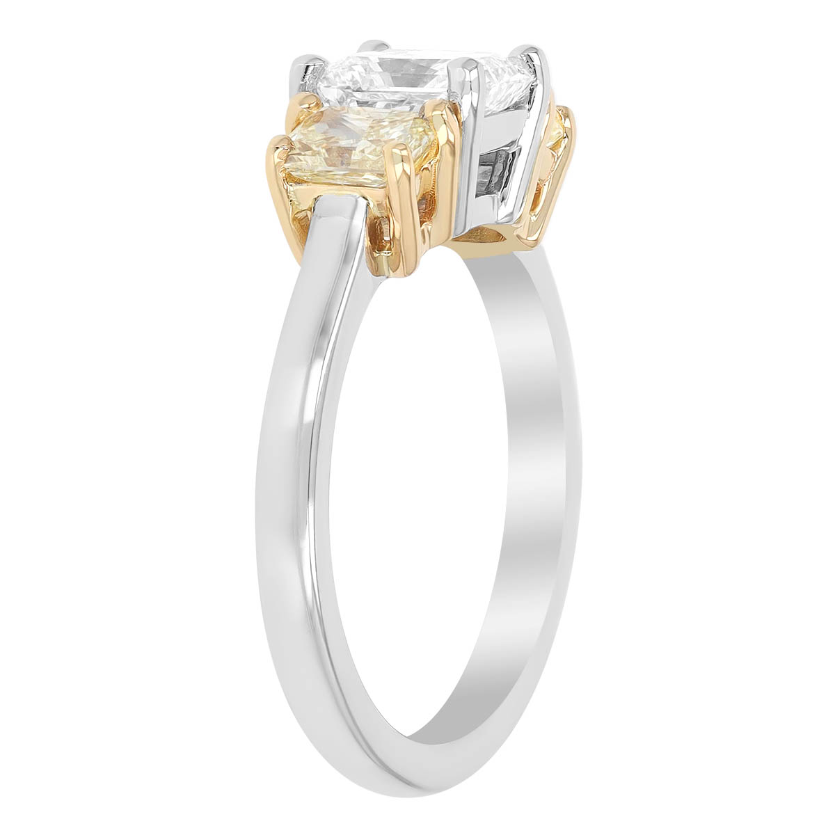 Radiant Cut White & Fancy Yellow Diamond 3 Stone Engagement Ring in Two Tone, 2.24 cttw