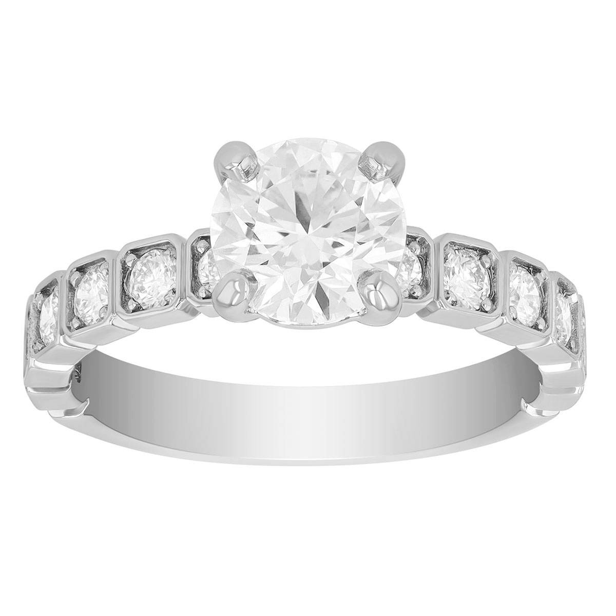 Round Diamond Engagement Ring with Square Bezel Shank in 18K White Gold, Size 6